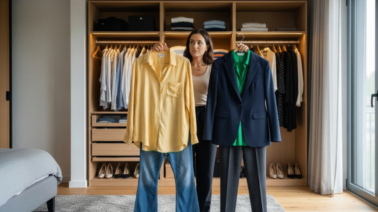 woman holding yellow shirt with jeans and navy blazer with green blouse.