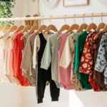 Baby fashion trends displayed on colorful clothing rack