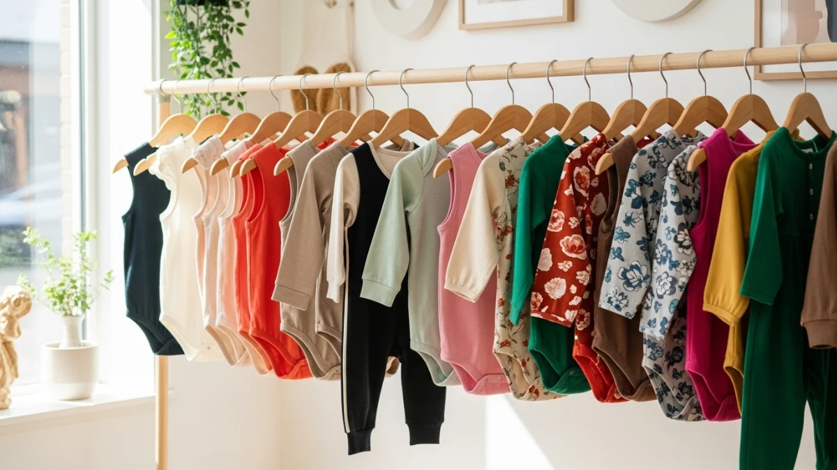 Baby fashion trends displayed on colorful clothing rack