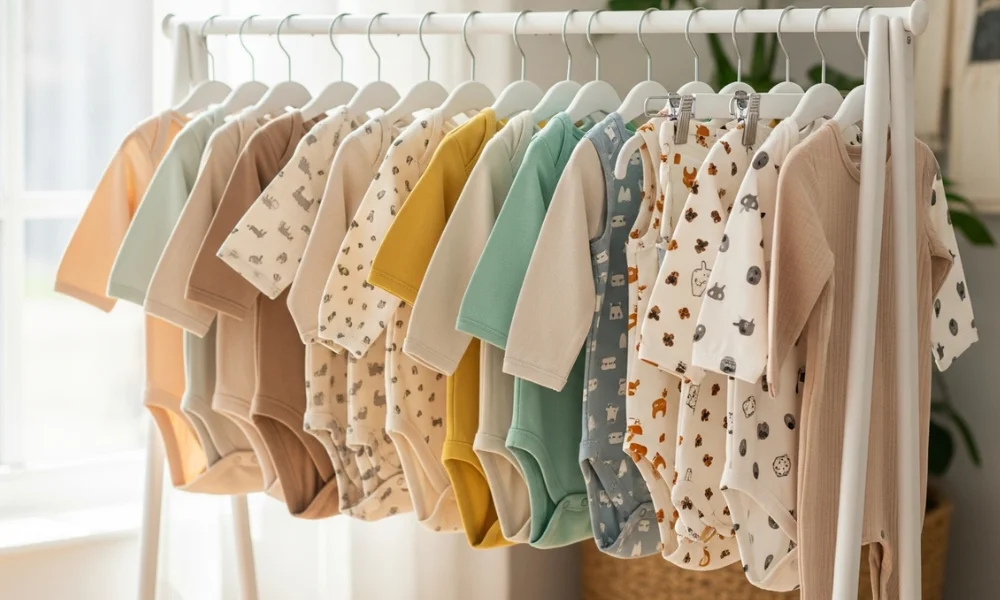 Baby onesies on a rack