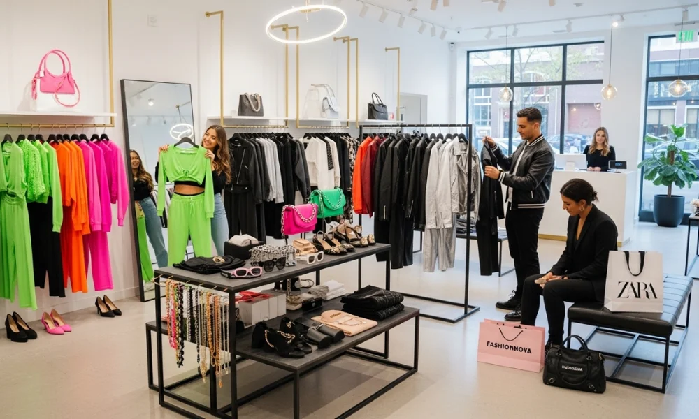 Baddie fashion trends shopping for bold neon outfits in fashion store