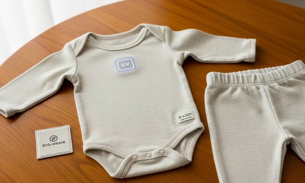 Beige baby outfit on table