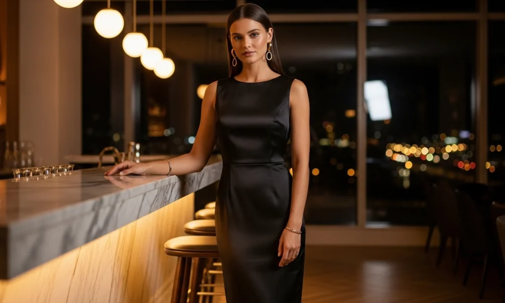 A woman in a sleek black dress stands elegantly-quiet luxury fashion