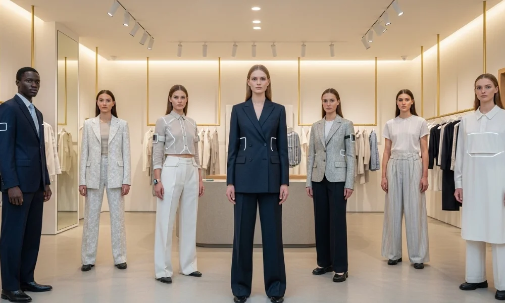 Fashionable women and a man stand confidently in a chic boutique