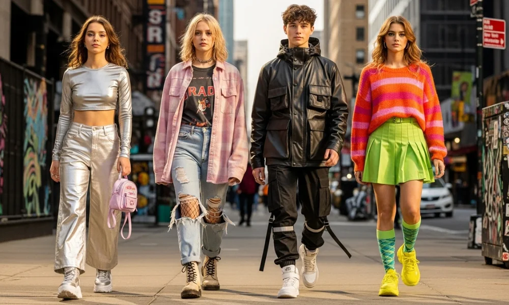 Four teenagers walking in stylish outfits on city street