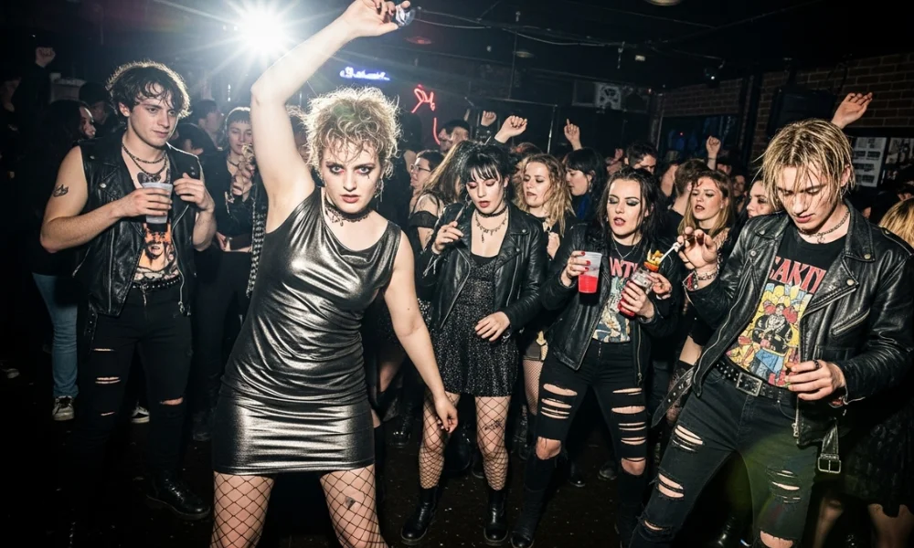 Group of people dancing in a crowded punk rock party