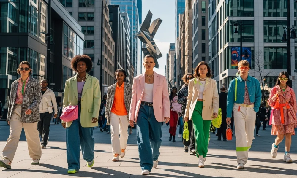 Group walking in colorful outfits