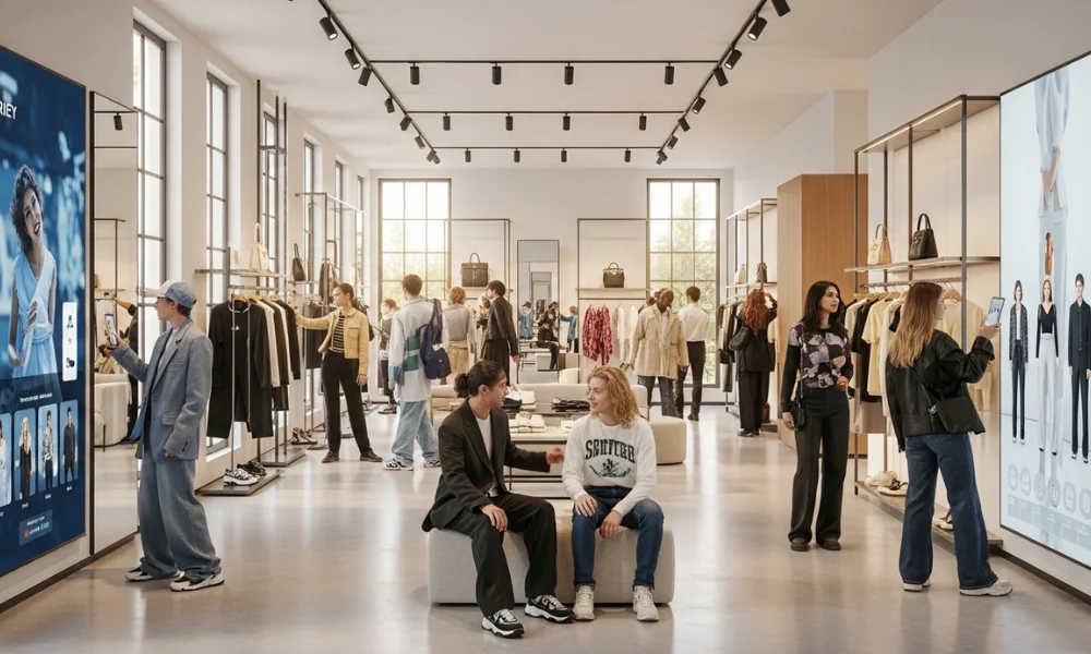 A modern clothing store with large digital screens displaying fashion images