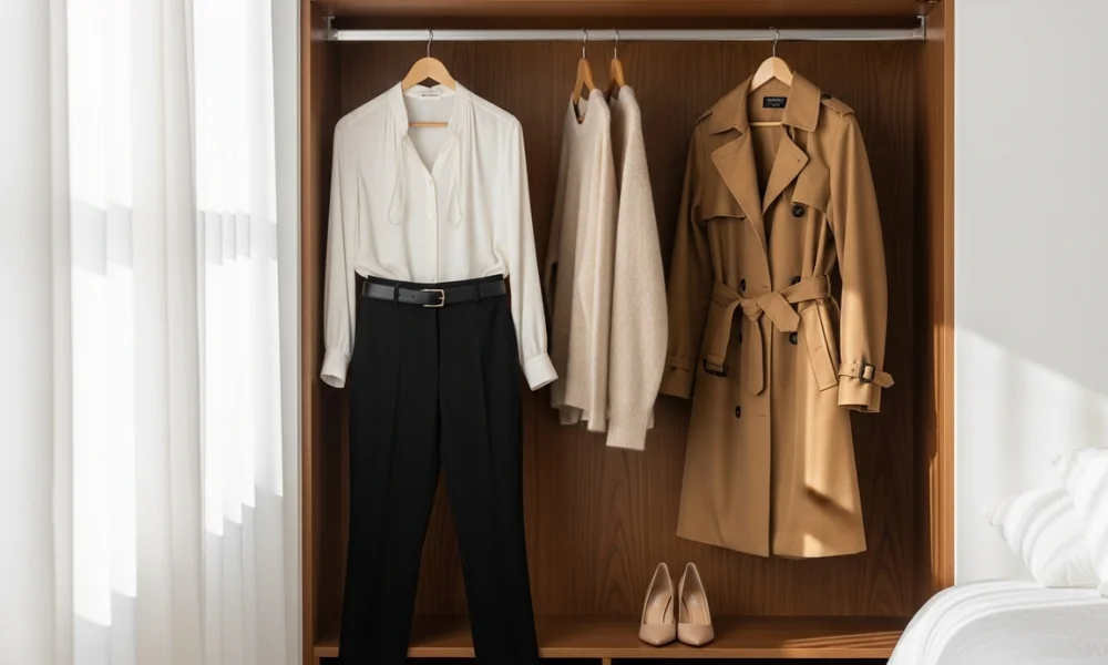 Open wooden wardrobe with neatly hung clothes