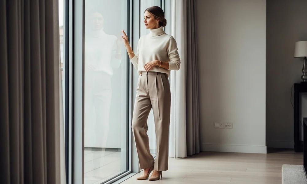A woman in a white turtleneck-quiet luxury fashion