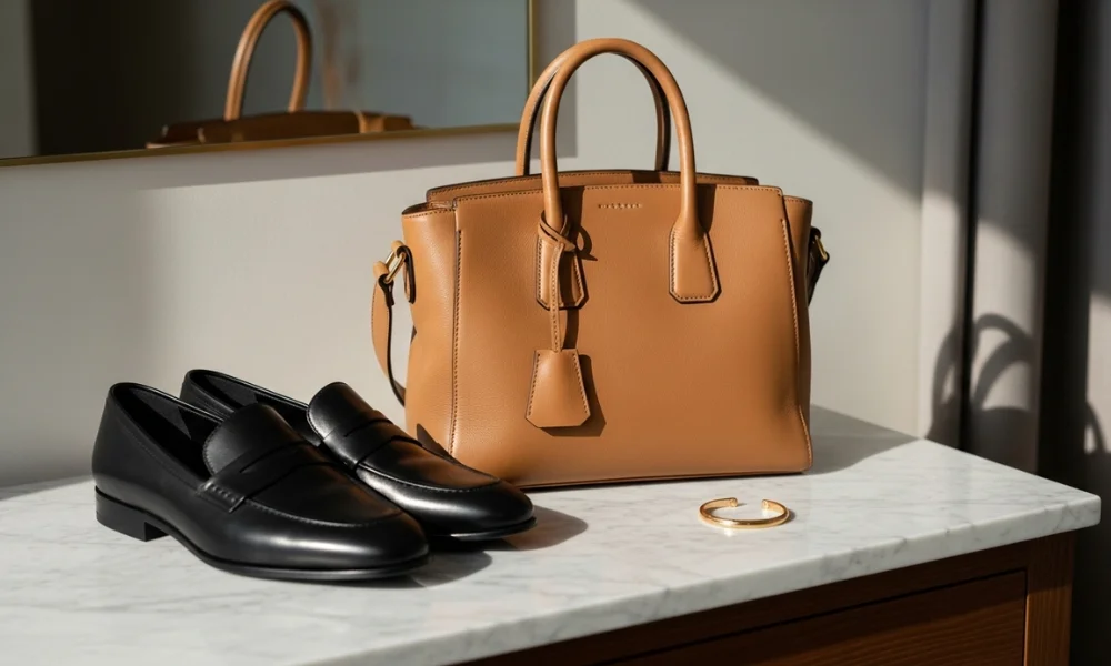 A tan leather handbag and black loafers rest on a marble surface