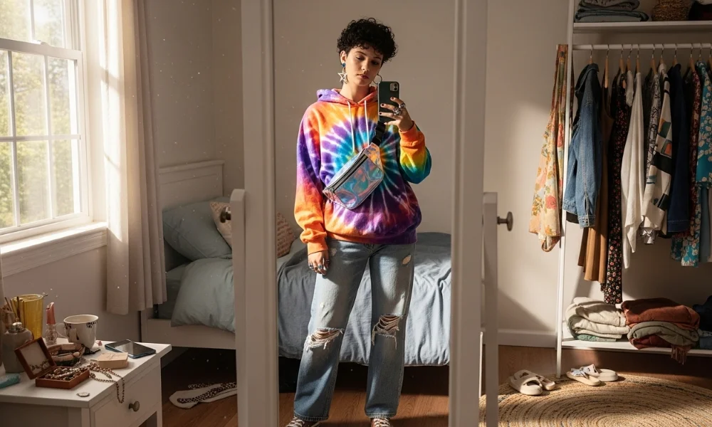 Teen taking mirror selfie in tie-dye hoodie and jeans