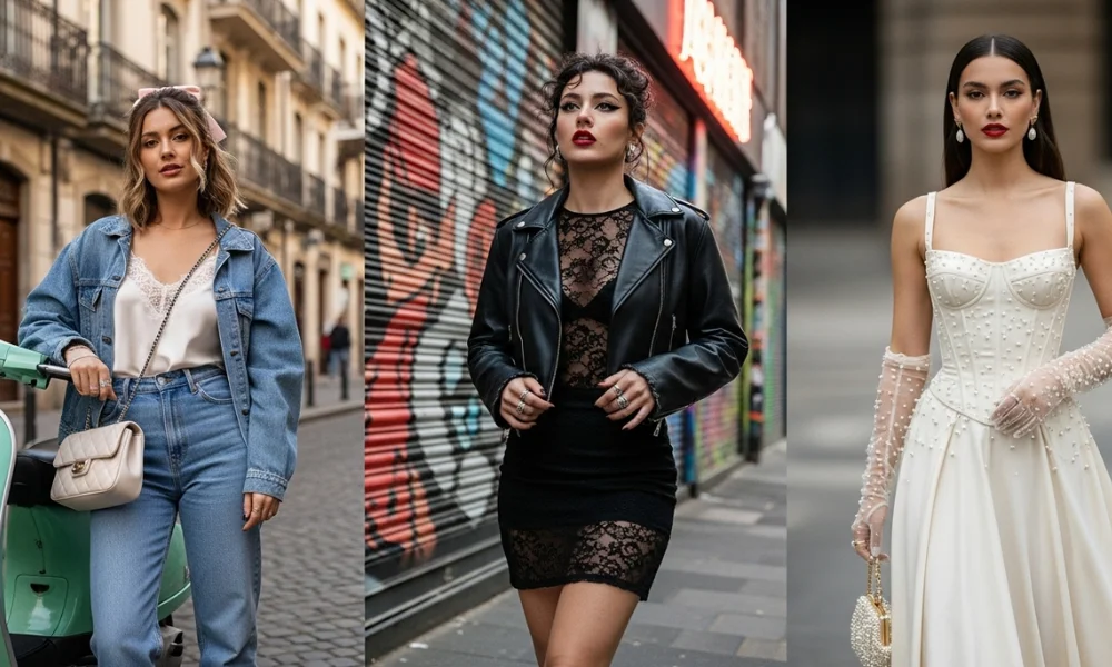 Three women in denim, lace, and pearl gown