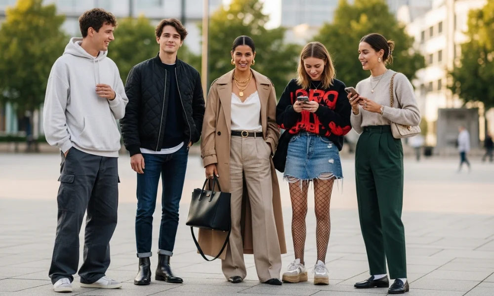 A group of five stylish young adults standing outdoors-Gen Z luxury fashion