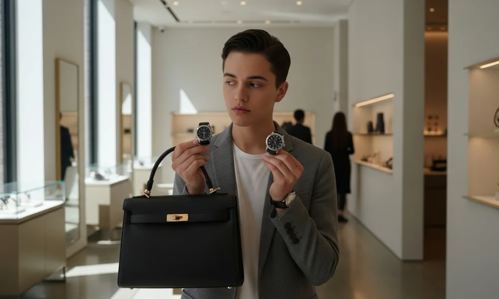 A person in a suit is in a modern showroom-Gen Z luxury fashion