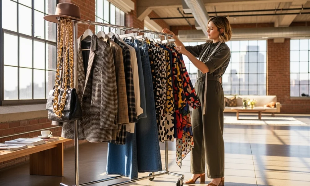 Woman arranging clothes on rack