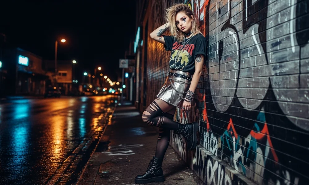 Woman in edgy punk outfit standing by graffiti wall at night