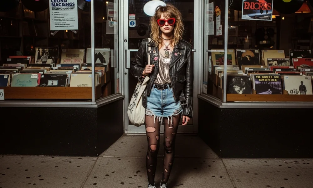 Woman in leather jacket and red sunglasses outside a record store