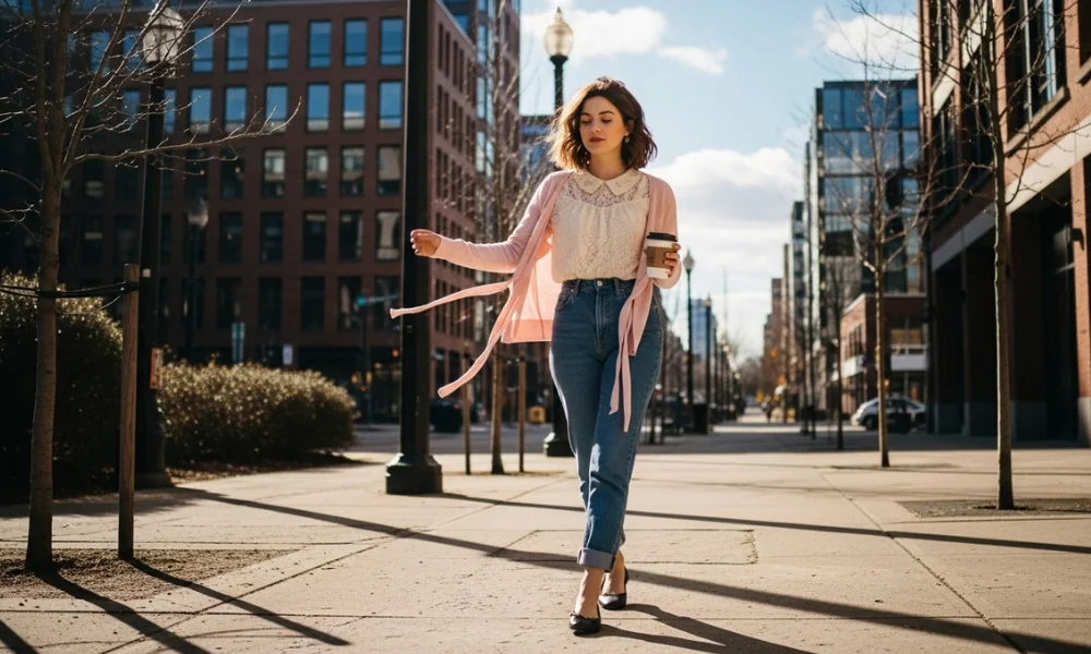 Woman walking in lace top and pink cardigan