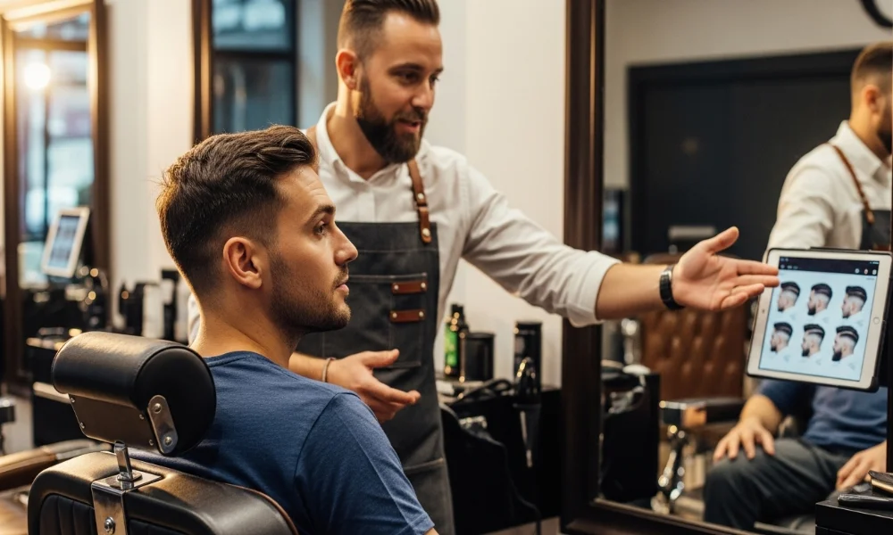 Barber discussing haircut options with client using tablet.