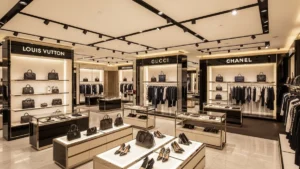 A luxurious fashion store interior featuring illuminated displays of handbags