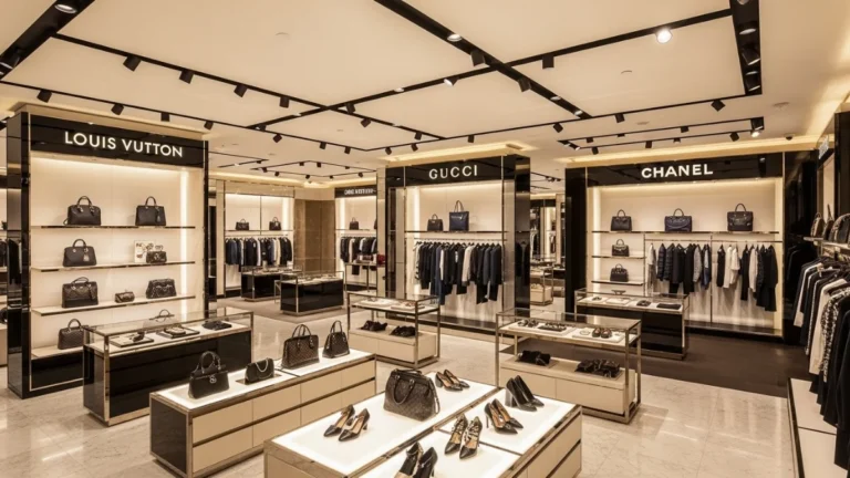 A luxurious fashion store interior featuring illuminated displays of handbags