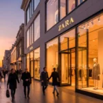 Street view of a Zara store at sunset