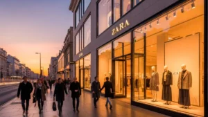Street view of a Zara store at sunset
