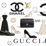 Fashion collage featuring luxury brands like Chanel