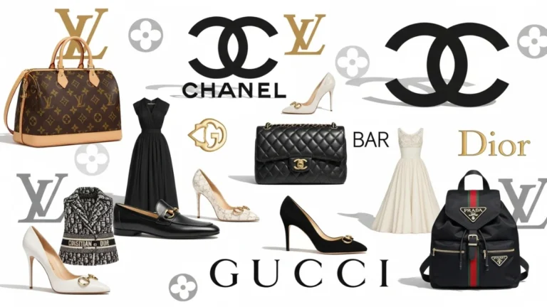 Fashion collage featuring luxury brands like Chanel