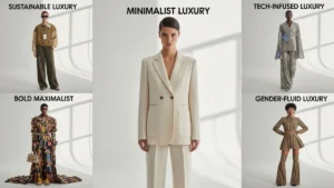 Fashion collage featuring five models showcasing different luxury