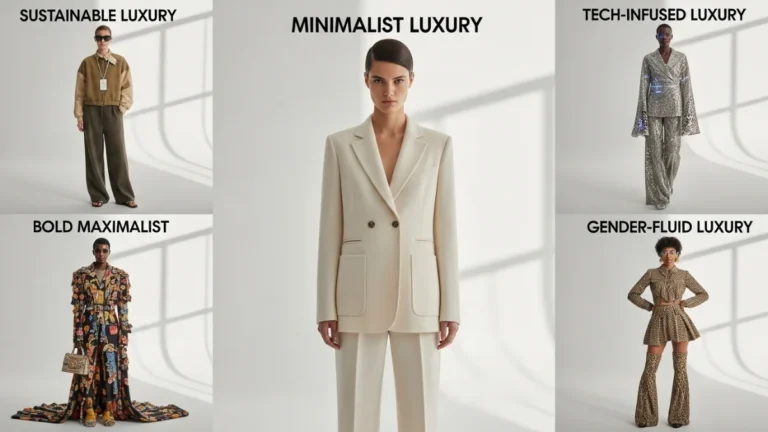 Fashion collage featuring five models showcasing different luxury