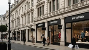 Elegant street with people walking past luxury fashion stores