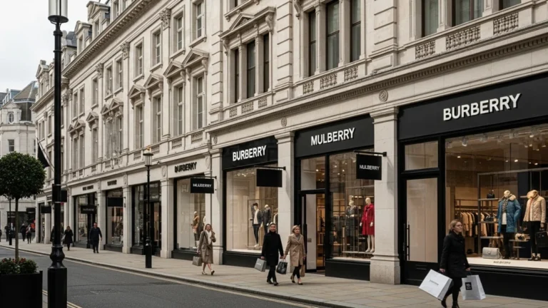 Elegant street with people walking past luxury fashion stores