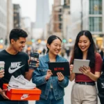 A group of six diverse young adults smiling and chatting on a city street