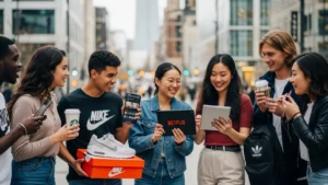A group of six diverse young adults smiling and chatting on a city street