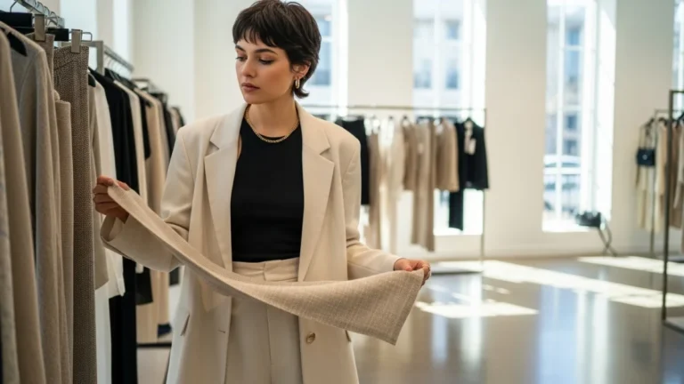 A woman in a beige suit thoughtfully examines fabric in a bright