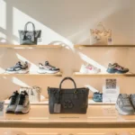 A well-lit retail display with shelves showcasing stylish bags and sneakers