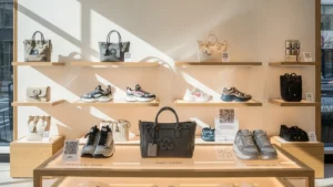 A well-lit retail display with shelves showcasing stylish bags and sneakers