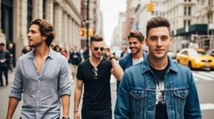 Group of men walking in city street.