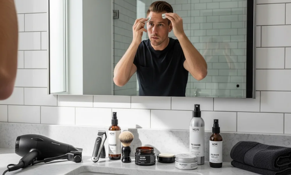 Man applying skincare products in bathroom mirror.