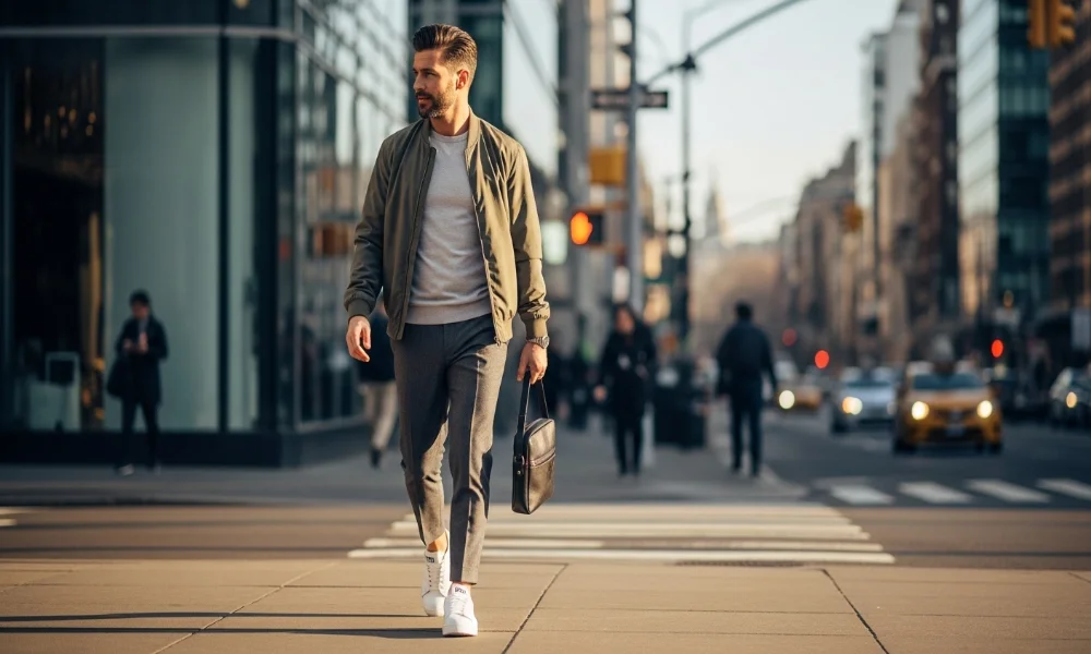 Man walking on city street with briefcase.