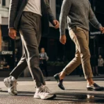Three men walking in a city street.