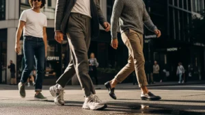 Three men walking in a city street.