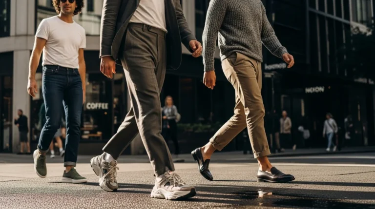 Three men walking in a city street.