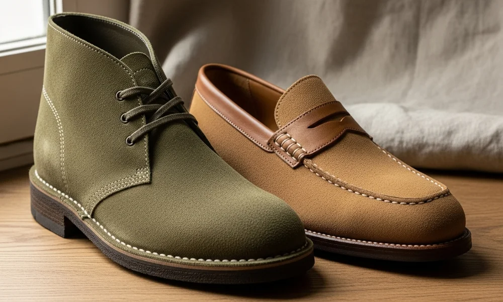 Two stylish leather shoes on wooden surface.