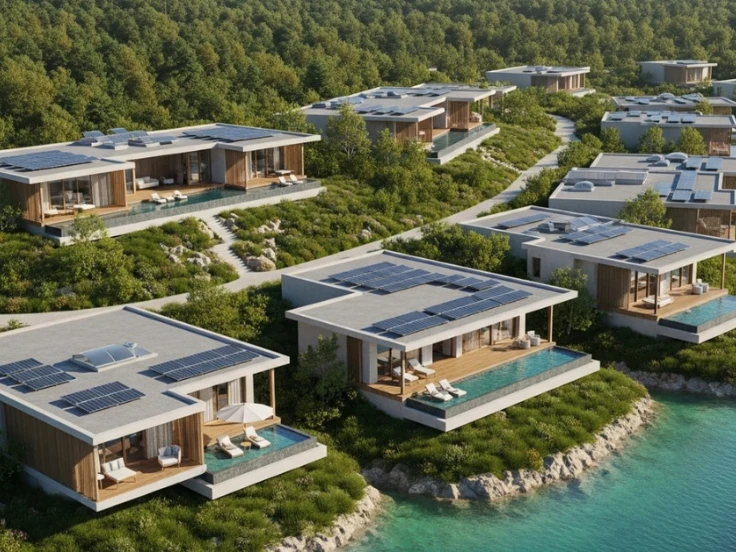 Hillside villas with pools facing the ocean.