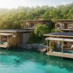 Overwater villas above clear turquoise water by forest.
