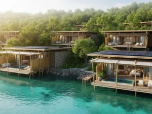 Overwater villas above clear turquoise water by forest.
