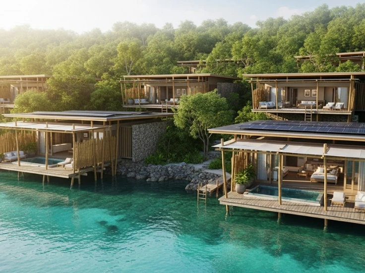 Overwater villas above clear turquoise water by forest.